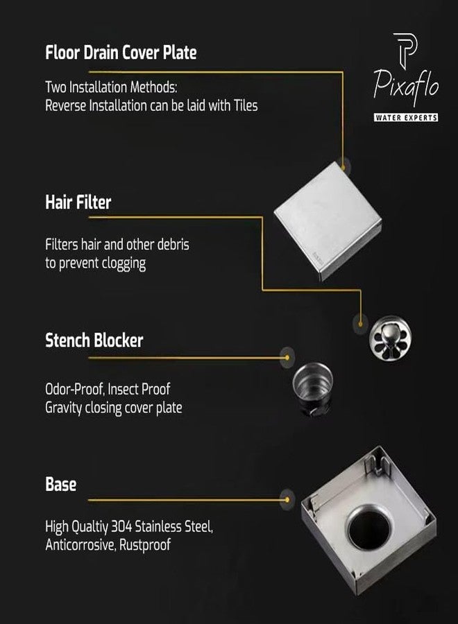 Pixaflo Square Tile Insert Floor Drain | 5 x 5 Inches | 304 Stainless Steel | Invisible Shower Drain Channel | Waste Water Floor Drain for 13mm Tile | Drainer Channel | Anti Cockroach Trap | Silver - Image 5